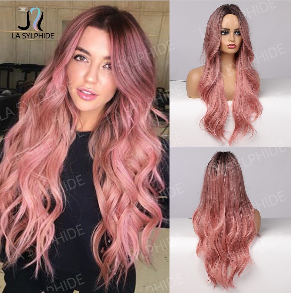 Middle Part Pink Long Curly Wig Machine Made Synthetic Fiber Full Head Wig Heat