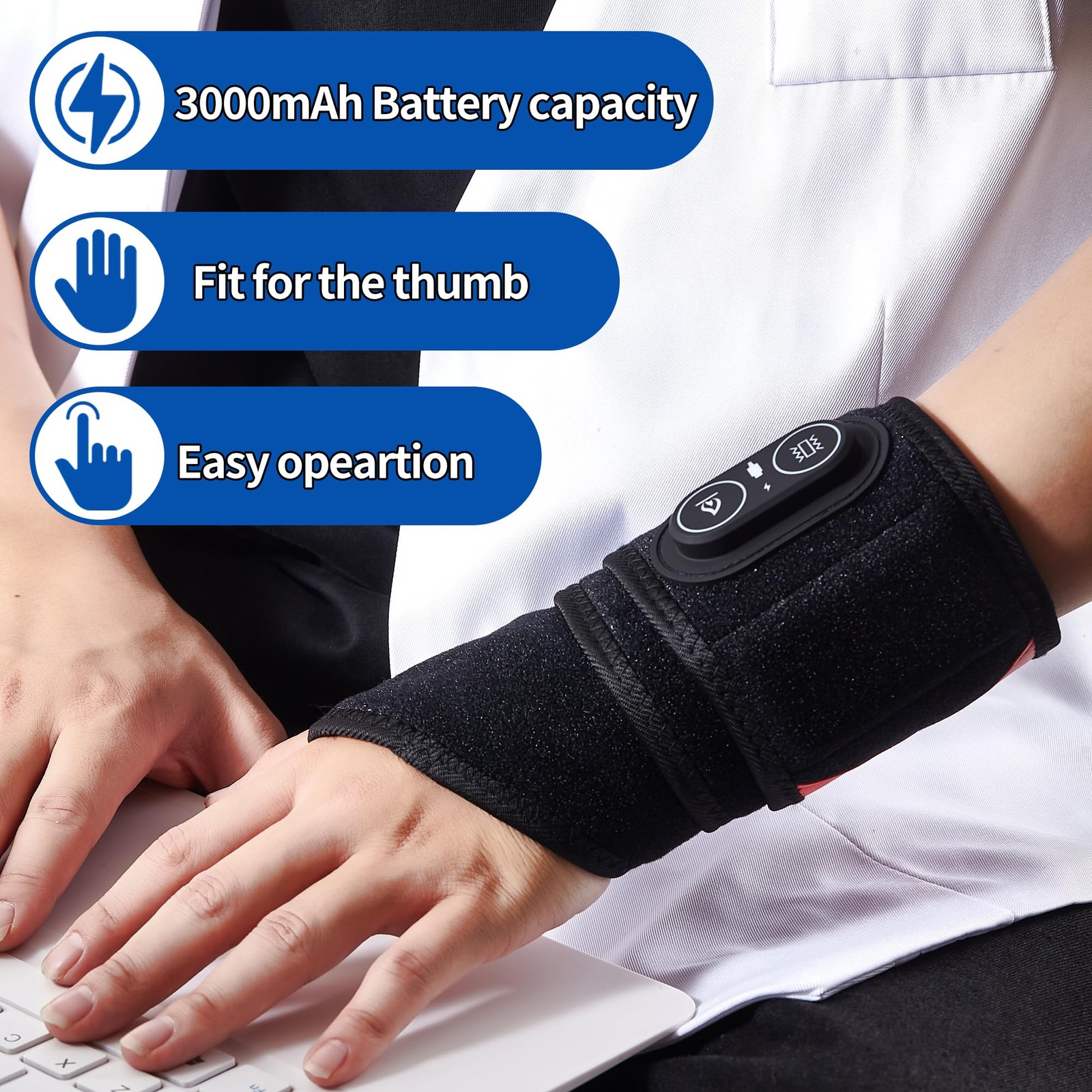 Red Light Cordless Wrist Heating Pad Massage for Carpal Tunnel with 3000mAh B…