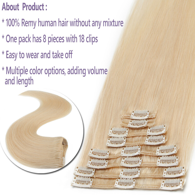 Russian Remy Hair Clip in Real Human Hair Extensions 8Pieces 18Clips Full Head