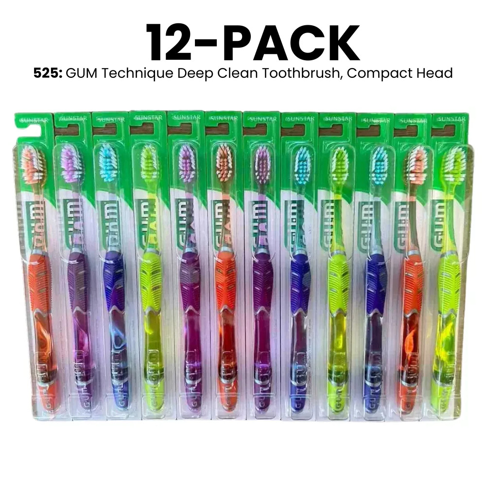 12-PK Best Price! GUM 525 Technique Deep Clean Toothbrush, Compact Soft Bristles