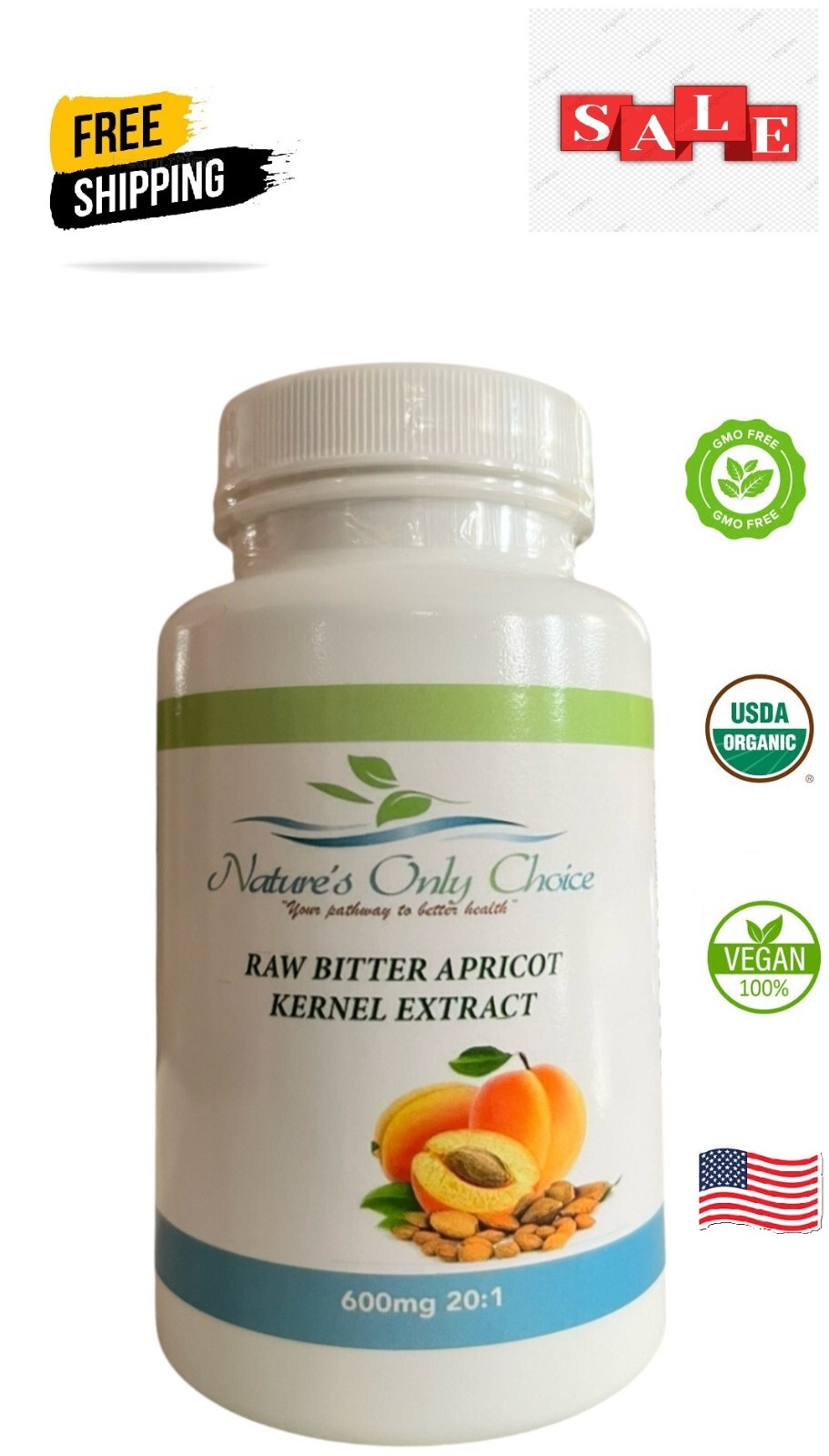 Apricot Capsules 20:1 (100 Capsules) 600 mg per Capsule, #1 USA