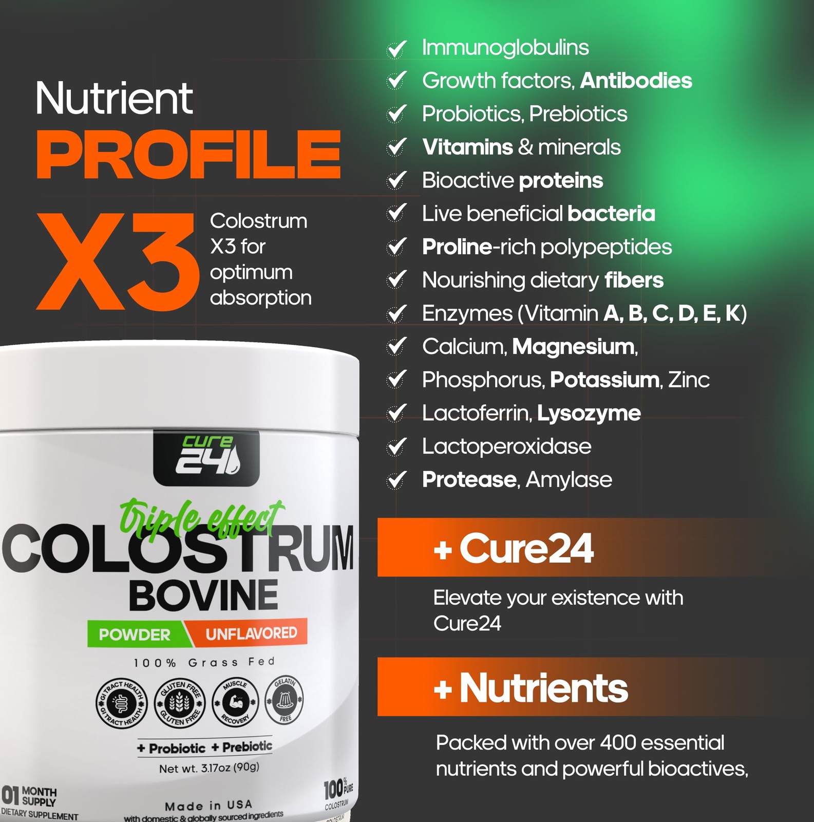 Cure24 Bovine Colostrum X3 Supplement Powder for 3.17 Ounce (Pack of 1)