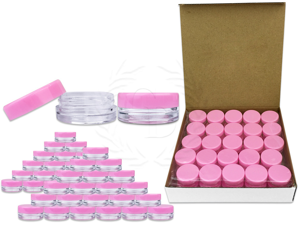 50 Pieces 3 Gram/3ml Plastic Round Clear Sample Jar Containers with Pink Lids