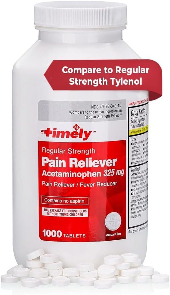 Timely Pain Reliever Acetaminophen 325 mg Tablets 1000 Count. Regular Strength