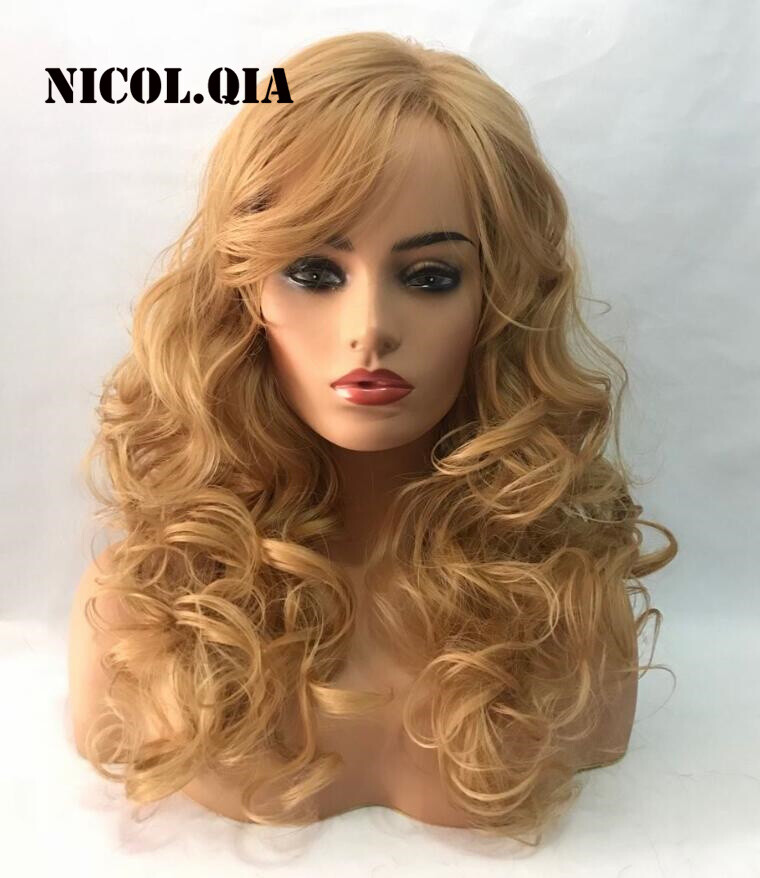 Fashion Girls Mix Gold Blonde Curly Hair Big Wavy Human Hair Blend Heat Ok Wigs