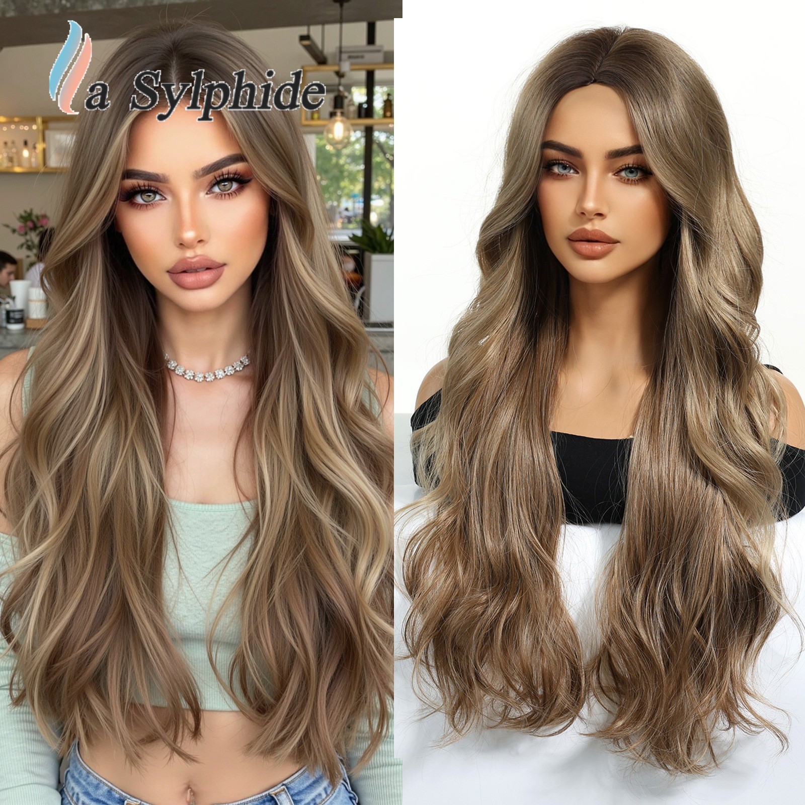 Brown Ombre Middle Part Long Curly Wig Full Machine Made Synthetic Full Head