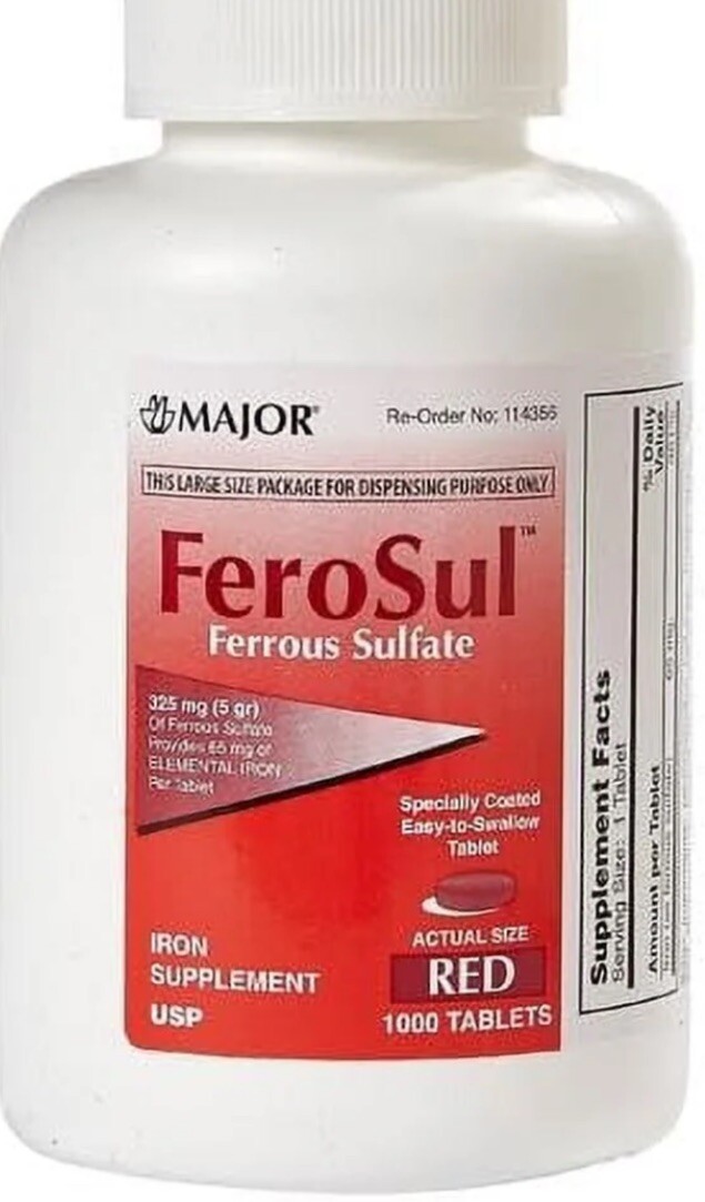 Major FeroSul 325 mg Ferrous Sulfate Iron Supplement – 1000 Red Tablets | Feosol