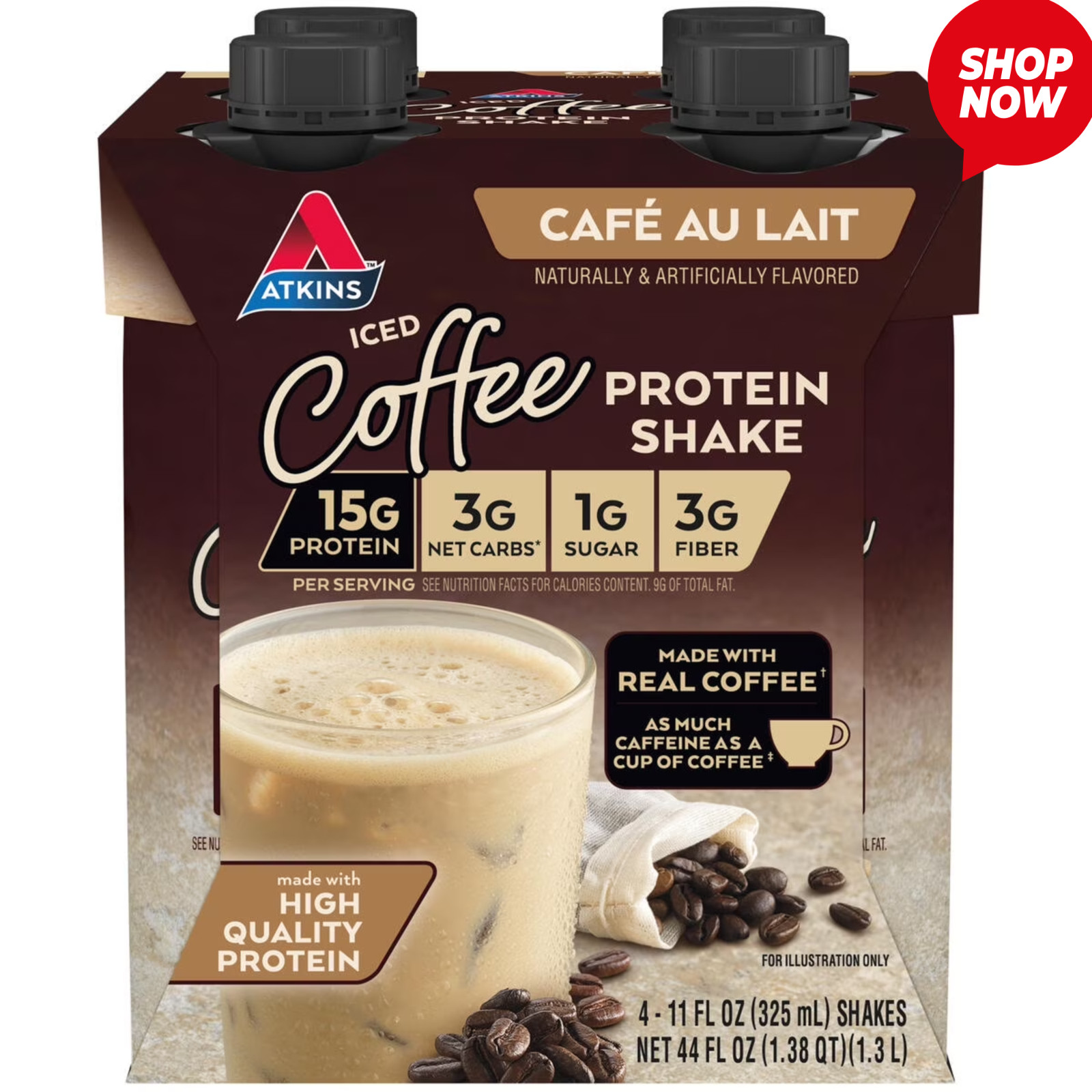 Atkins Café au Lait Protein Shake Ready to Drink Low Carb Keto 4 Pack