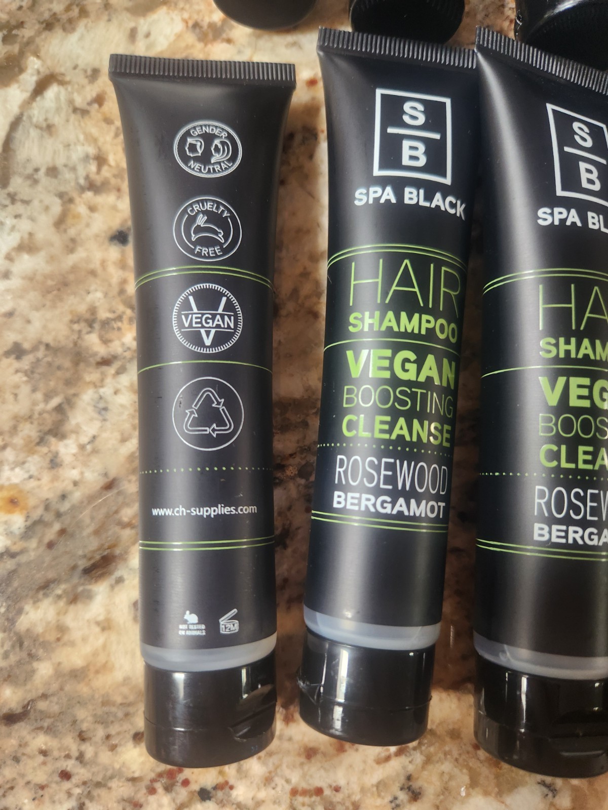 10 Spa Black Vegan Shampoo Bottles Rosewood Sage Bergamot 1.35oz Each
