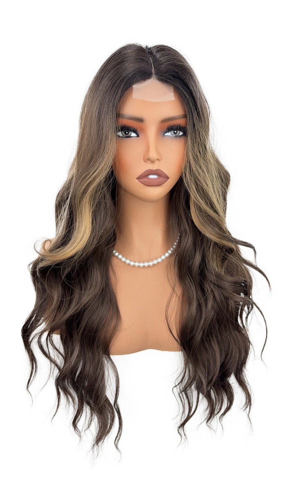 Middle Part Brown Ombre Water Wave Long Curly Wig with Small Lace Pre Plucked