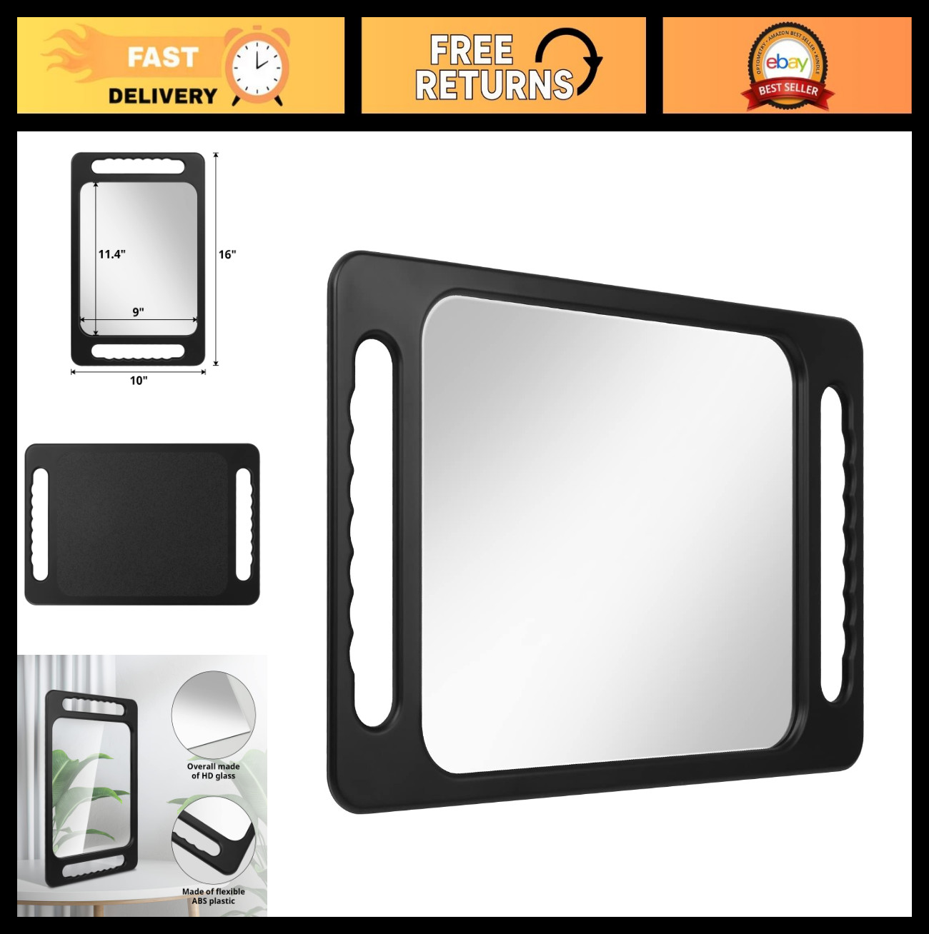 Large Rectangular Handheld Mirror with Double Handle – Drop-Proof, Salon Quality