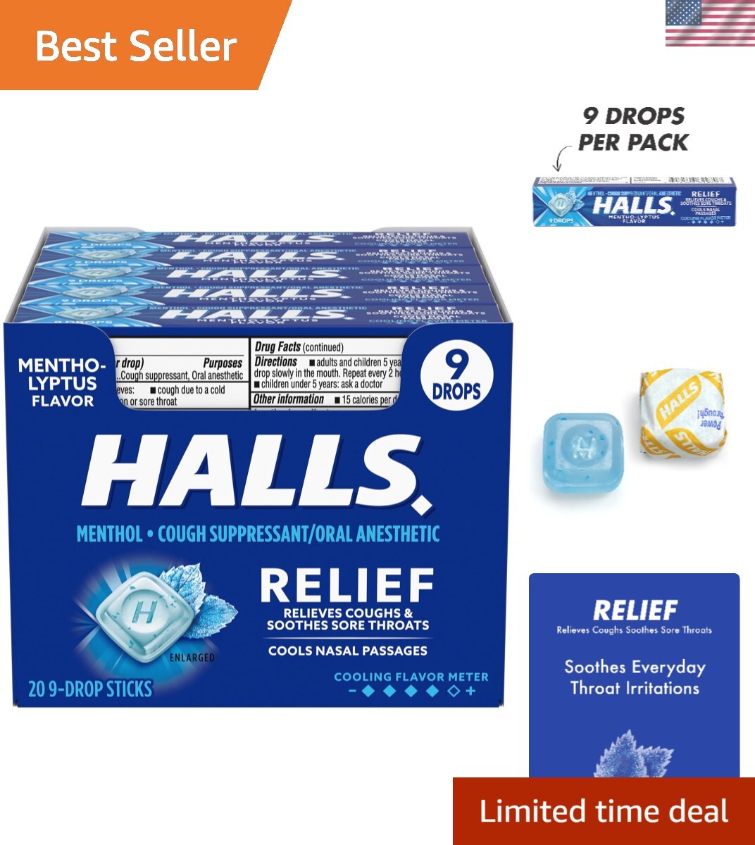 Cooling Relief Mentho-Lyptus Cough Drops – 20 Packs, 180 Total for Quick Comfort