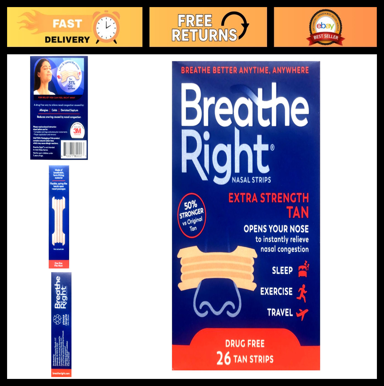 Drug-Free Nasal Strips for Snoring Relief, Extra Tan, 78 Count (3 Packs)