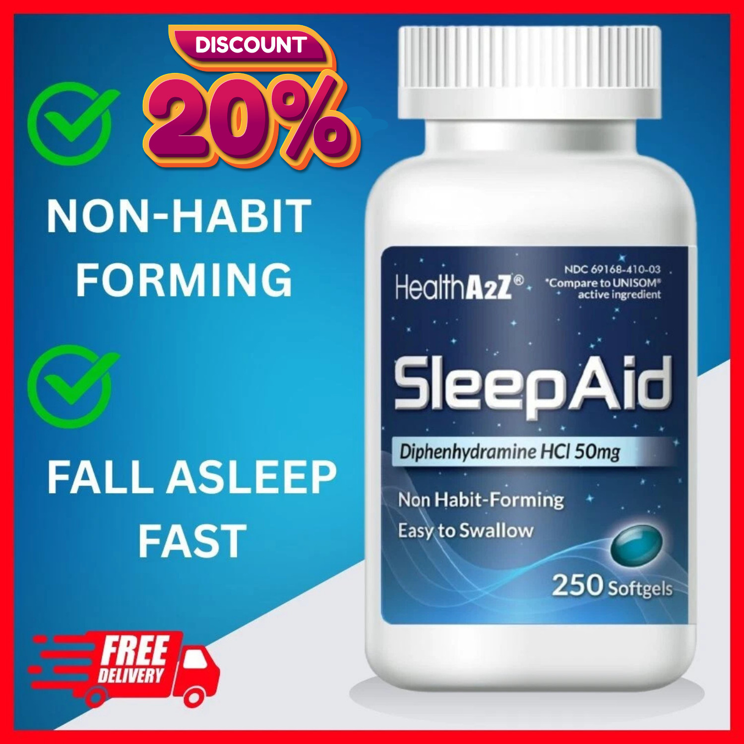 Sleep Aid, Diphenhydramine HCl 50mg, 250 Softgels, Supports Deeper Restful Sleep