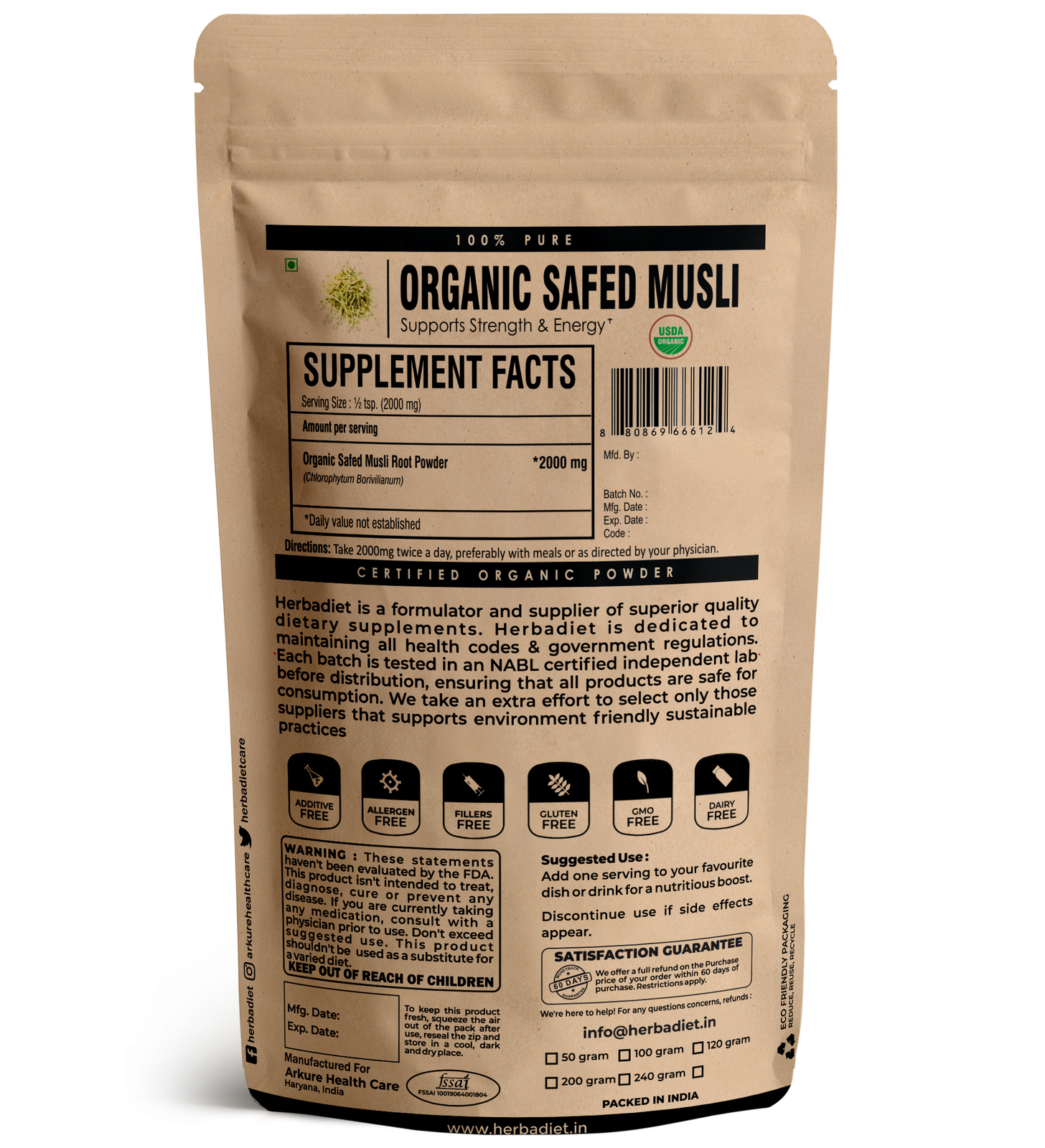 Organic Safed Musli White Musali Powder Chlorophytum Borivilianum Sexual Health