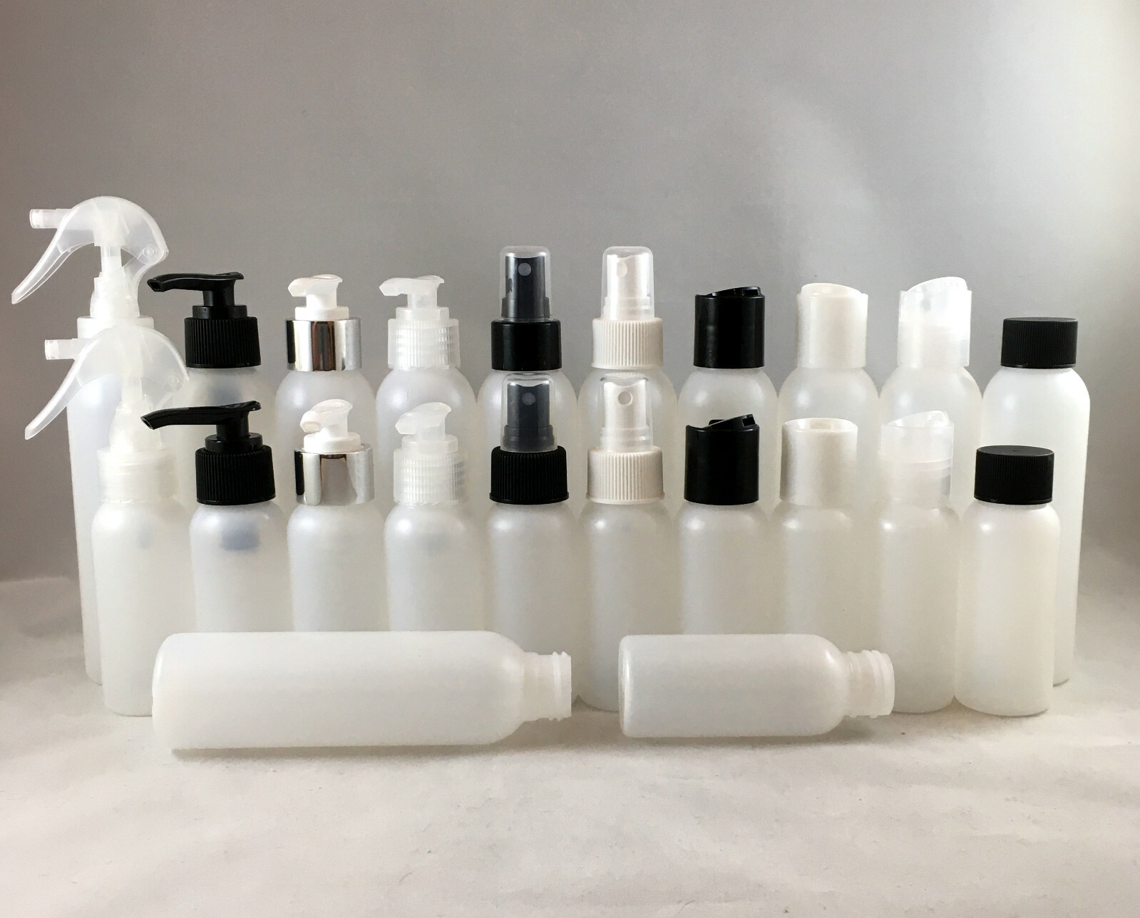 Natural HDPE 2oz / 4oz Cosmo Round Plastic Bottles with Pump,Spray,Cap,Dispenser