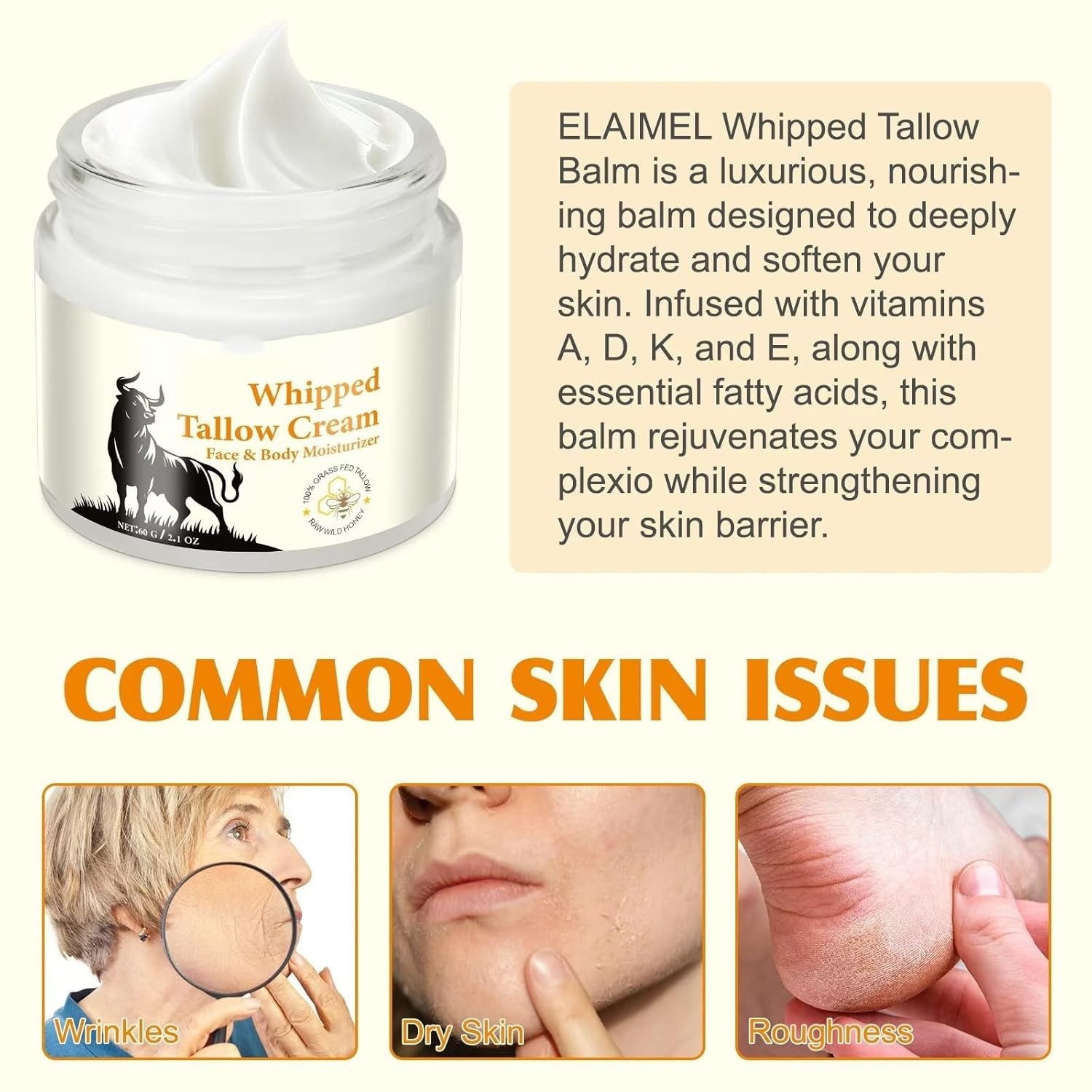 Beef Tallow Honey Balm Face Body Moisturizer Grass Fed Skin Care 2oz