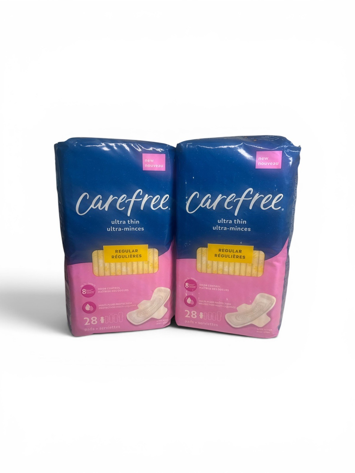 2 Carefree Ultra Thin Regular Pads with Wings, Multi-Fluid Protection, 28 Count