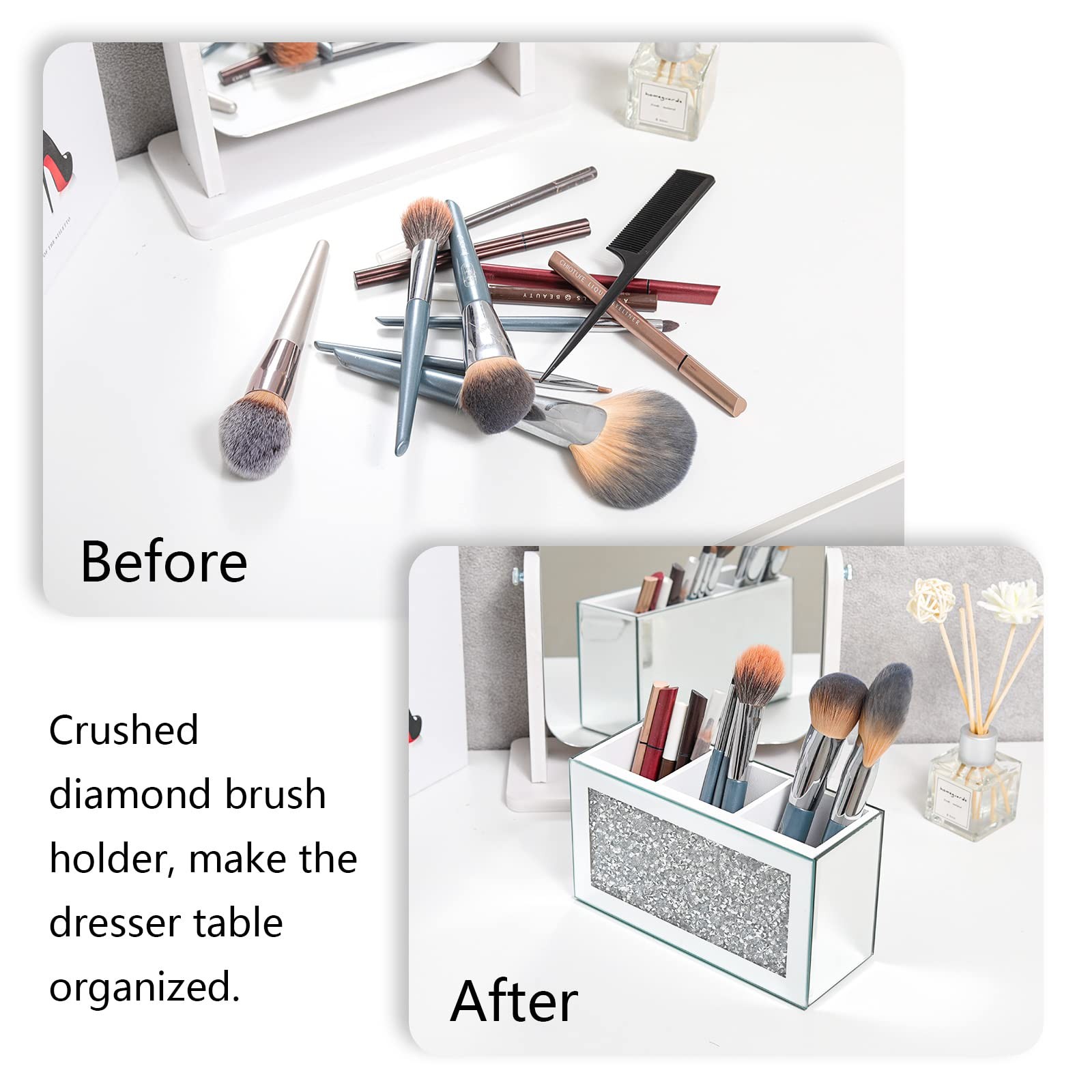 SWTHONY Silver Makeup Brush Holder Organizer, Bling 3 Slot Crushed 3 slot