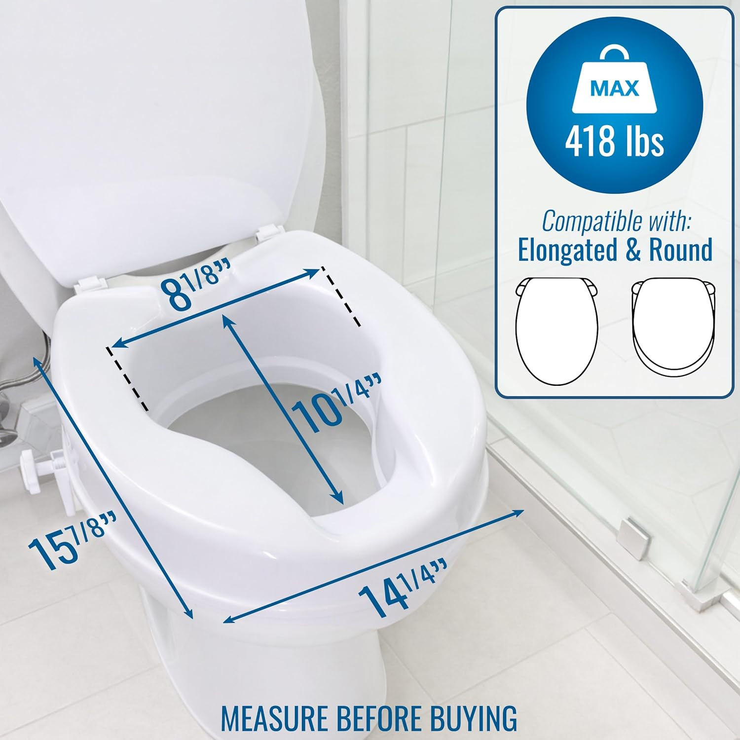Locking Raised Toilet Seat Riser for Seniors, 4″ Elevation with Lid, Fits round