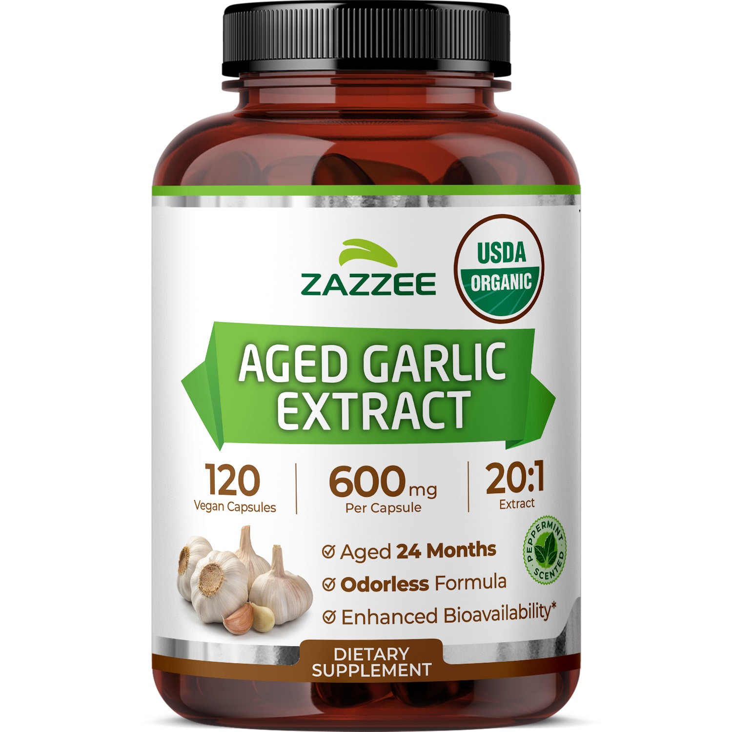 Zazzee USDA Organic Aged Garlic 20:1 Extract, Aged 24 Months, Odorless