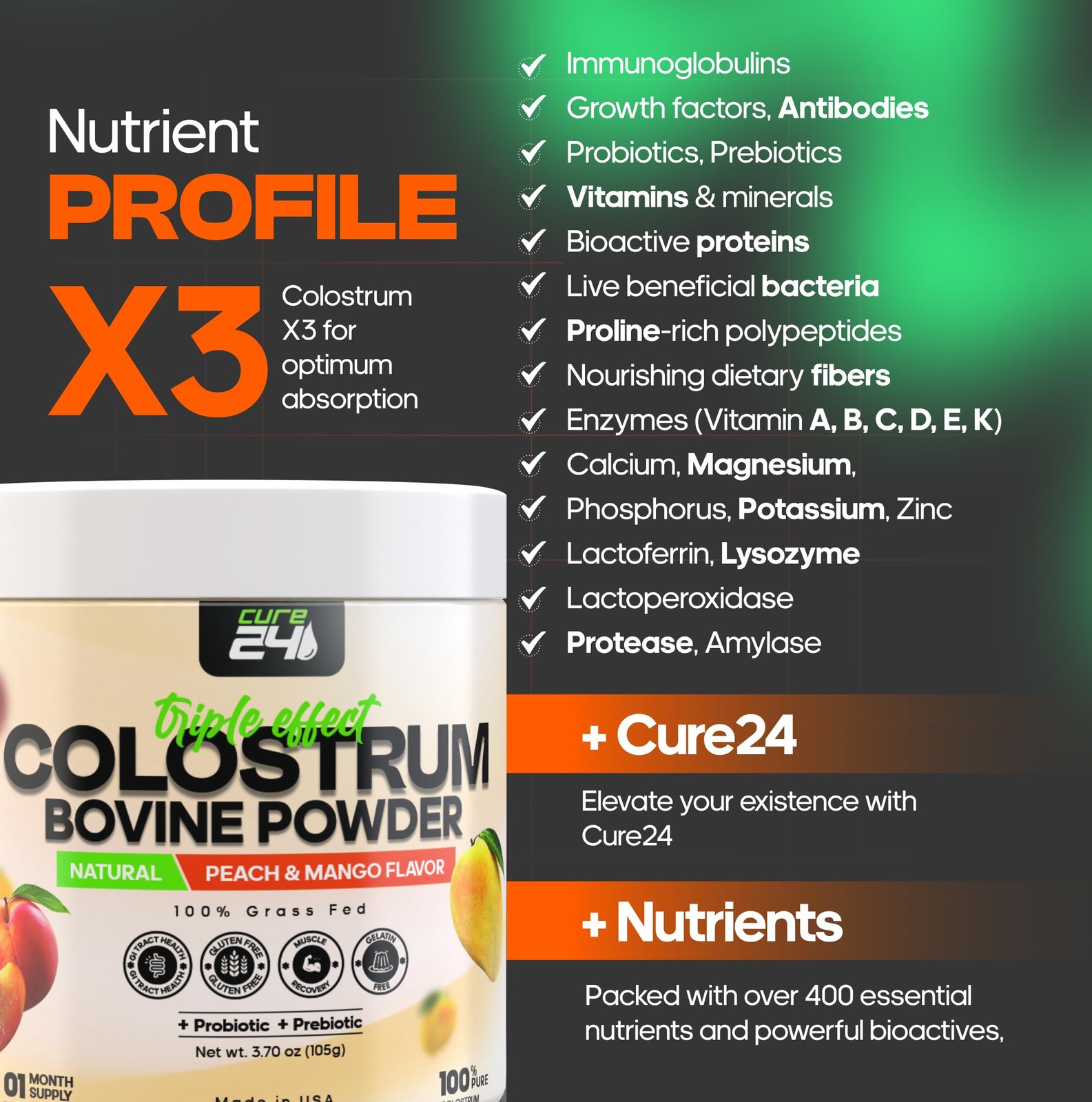 Cure24 Bovine X3 Colostrum Supplement Powder for Humans, 100% Pure Whole…