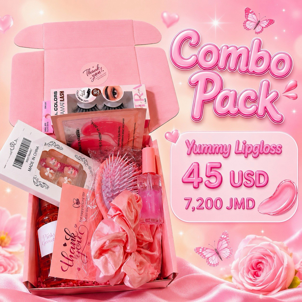 Yummy Lipgloss Pink Floral Heart Gift Basket Set, Rose Scent, Cruelty-Free