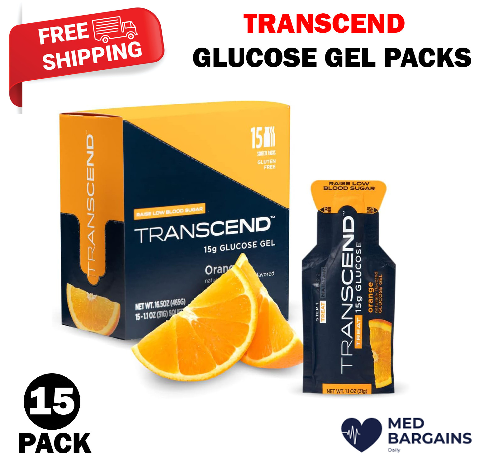 Transcend 15g Glucose Gel Packs Raise Blood Sugar Support – Orange 15 Pack