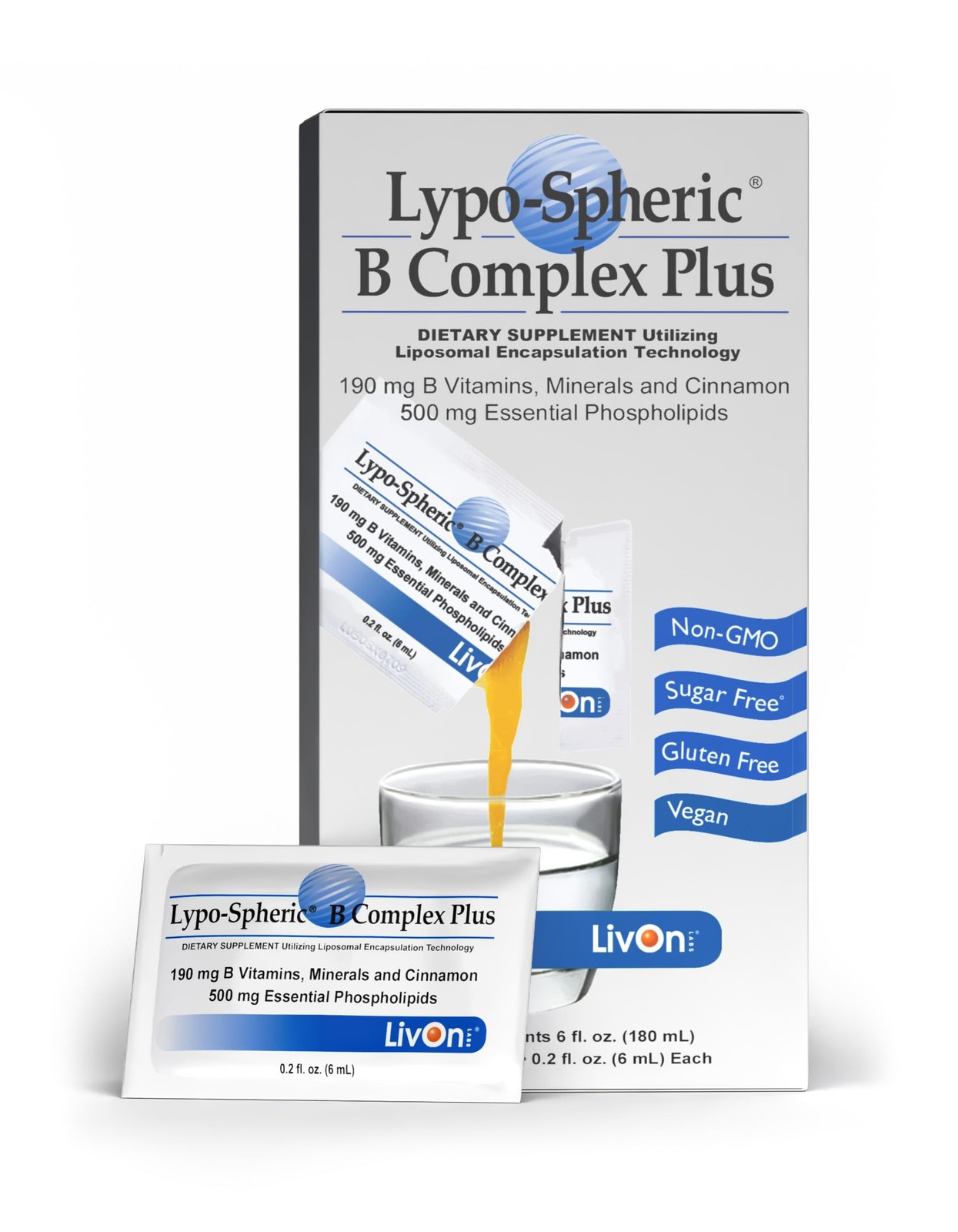 Lypo-Spheric B Complex Plus – 30 Packets, 195mg B Vitamins, Non-GMO, Liposomal