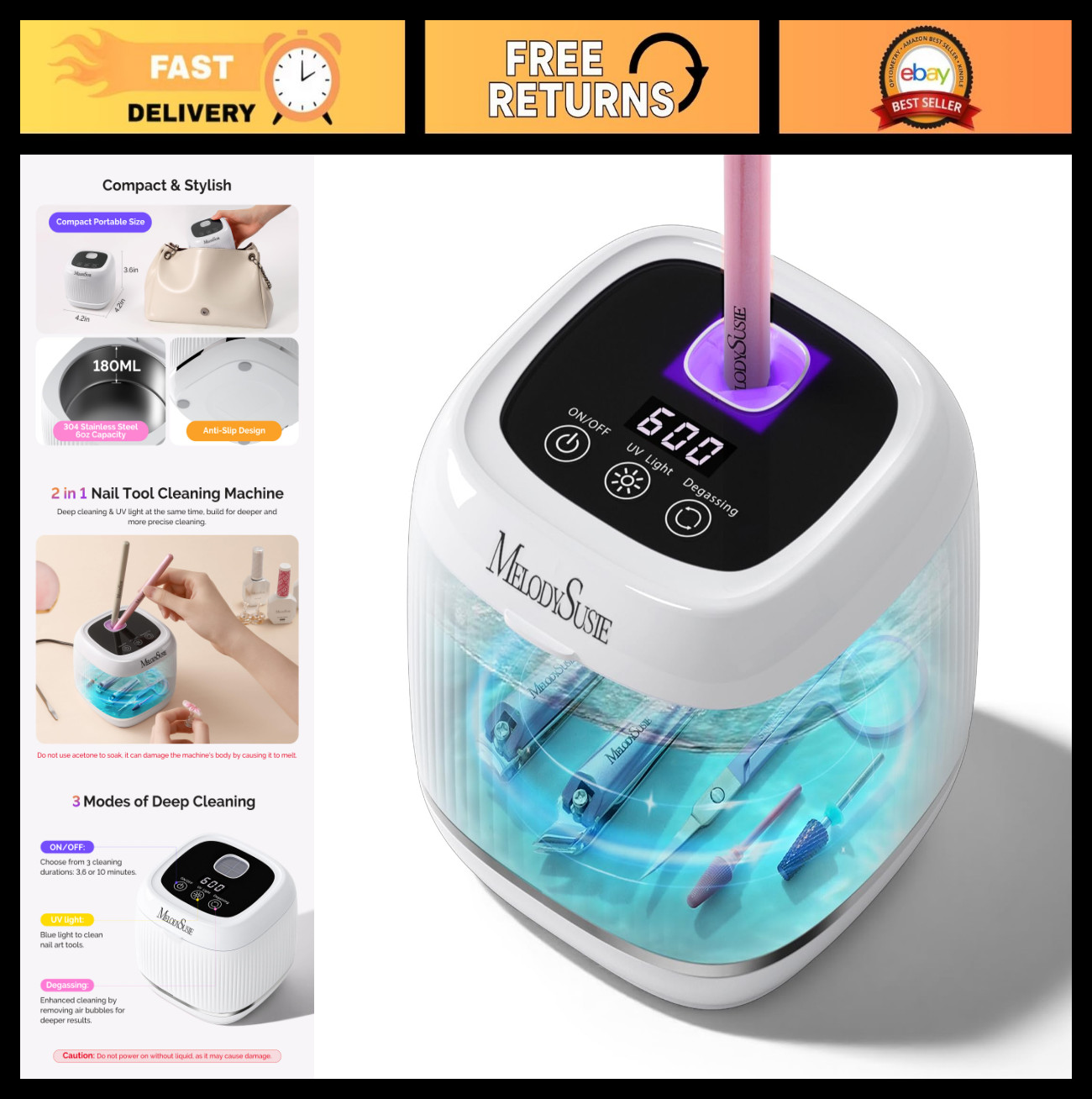 2-in-1 Nail Tool Cleaning Machine with 3 Timer Modes for Drill Bits & Brushes –