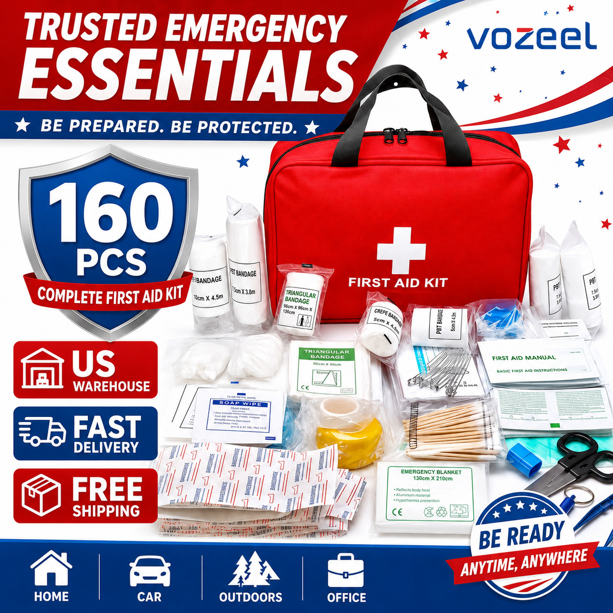 First Aid Kit Home Office Car Camping Hiking – 160 Piece