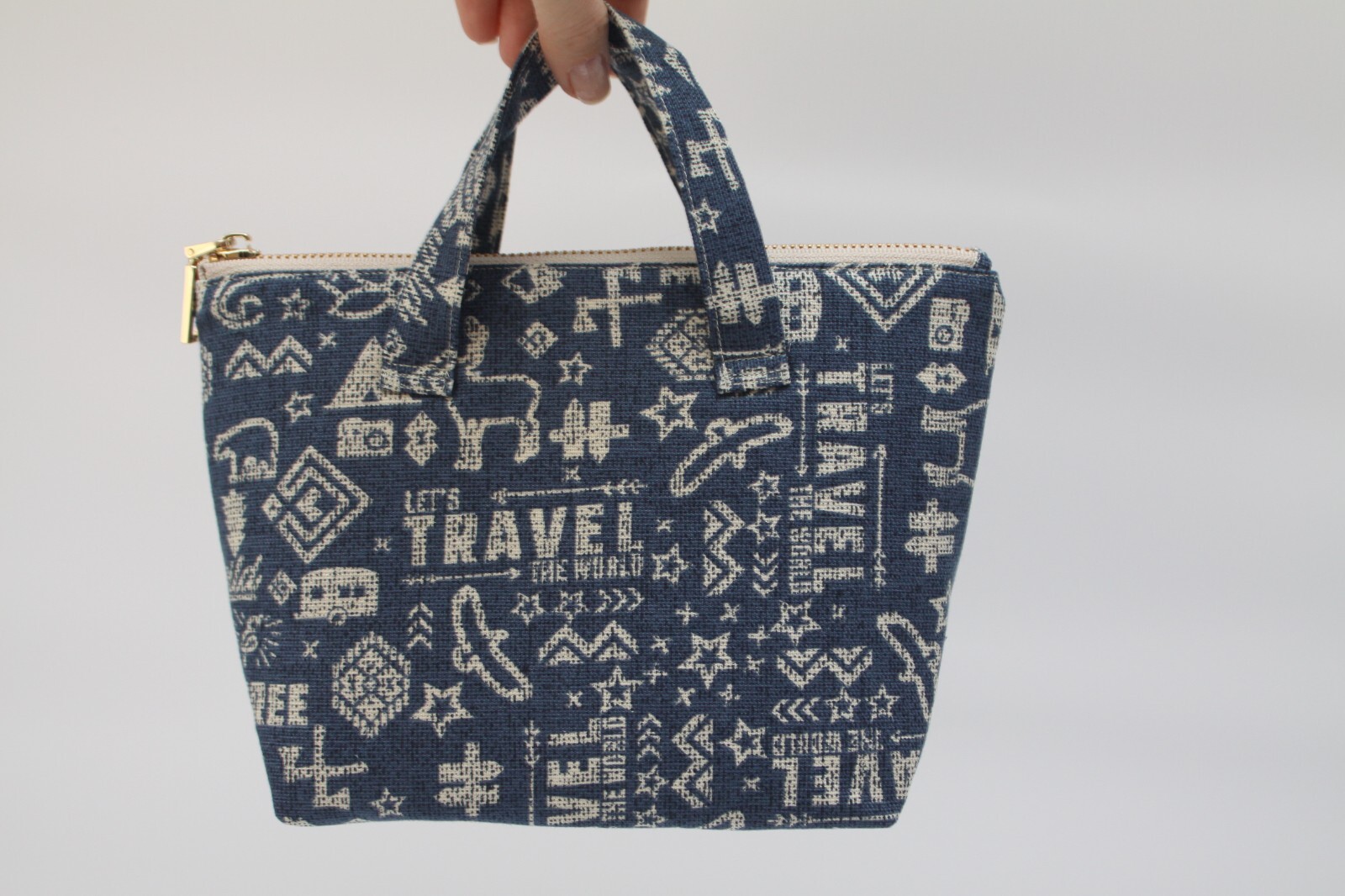 Handmade Multicolor Cotton Toiletry Bag Two Handles Zipper Closure Pockets.