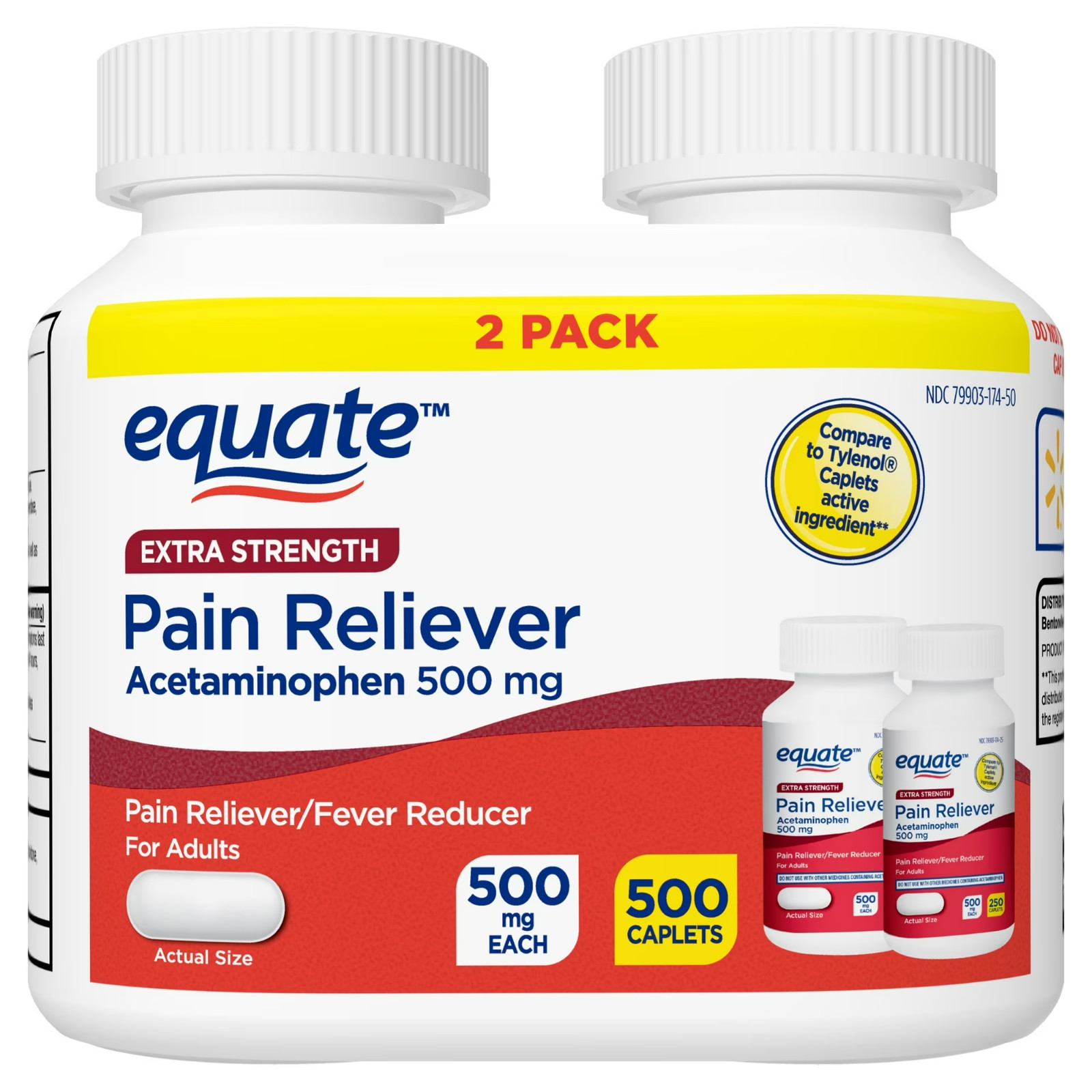 Equate Extra Strength Acetaminophen Caplets, 500 mg, 2×250 Count