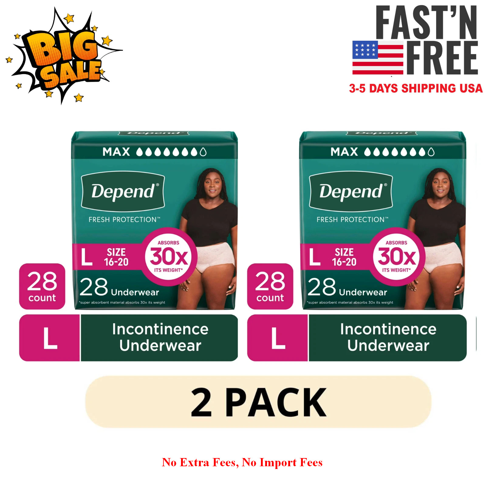 2 Pack Depend Fresh Protection Women’s Incontinence Underwear L 28 Count, NEW US