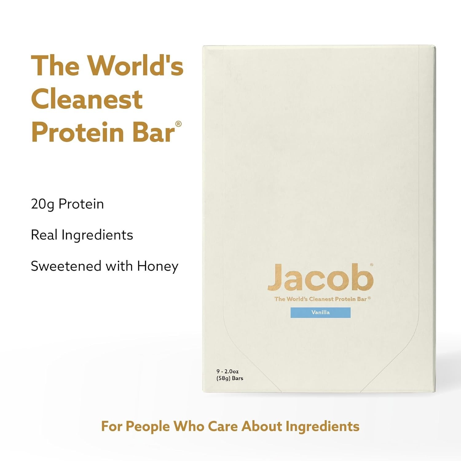 Jacob Bar, Protein Bars, Vanilla (9 Bars Total) – 20g Grass-Fed Protein,