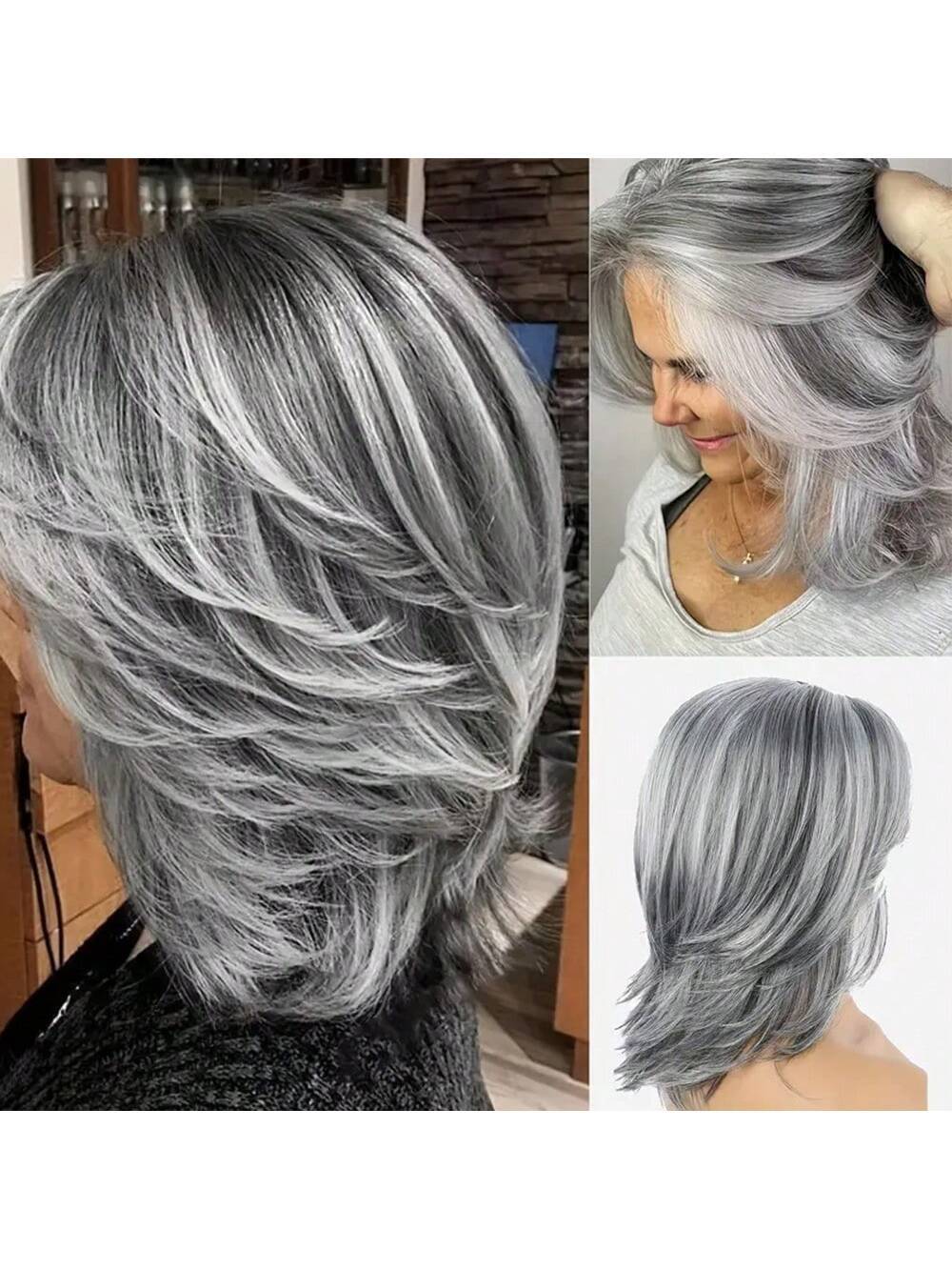 Elegant Silver Gray Ombre Wig For Women Wavy Elegant Mix Brown Ombre Wig