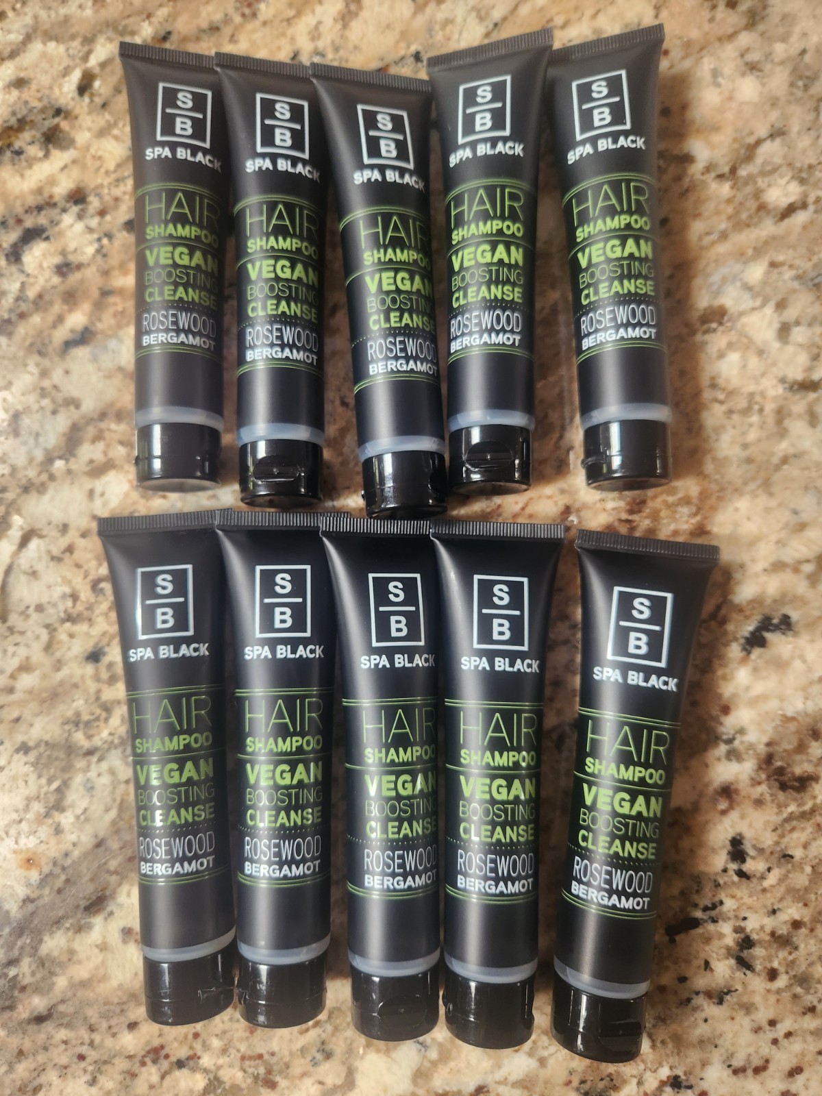 10 Spa Black Vegan Shampoo Bottles Rosewood Sage Bergamot 1.35oz Each