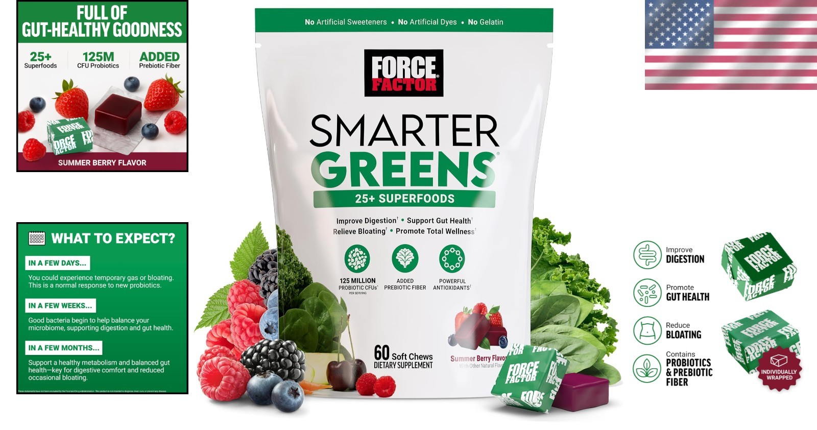 Smarter Greens Superfood Chews – Summer Berry Flavor, 60 Probiotic Soft Chews