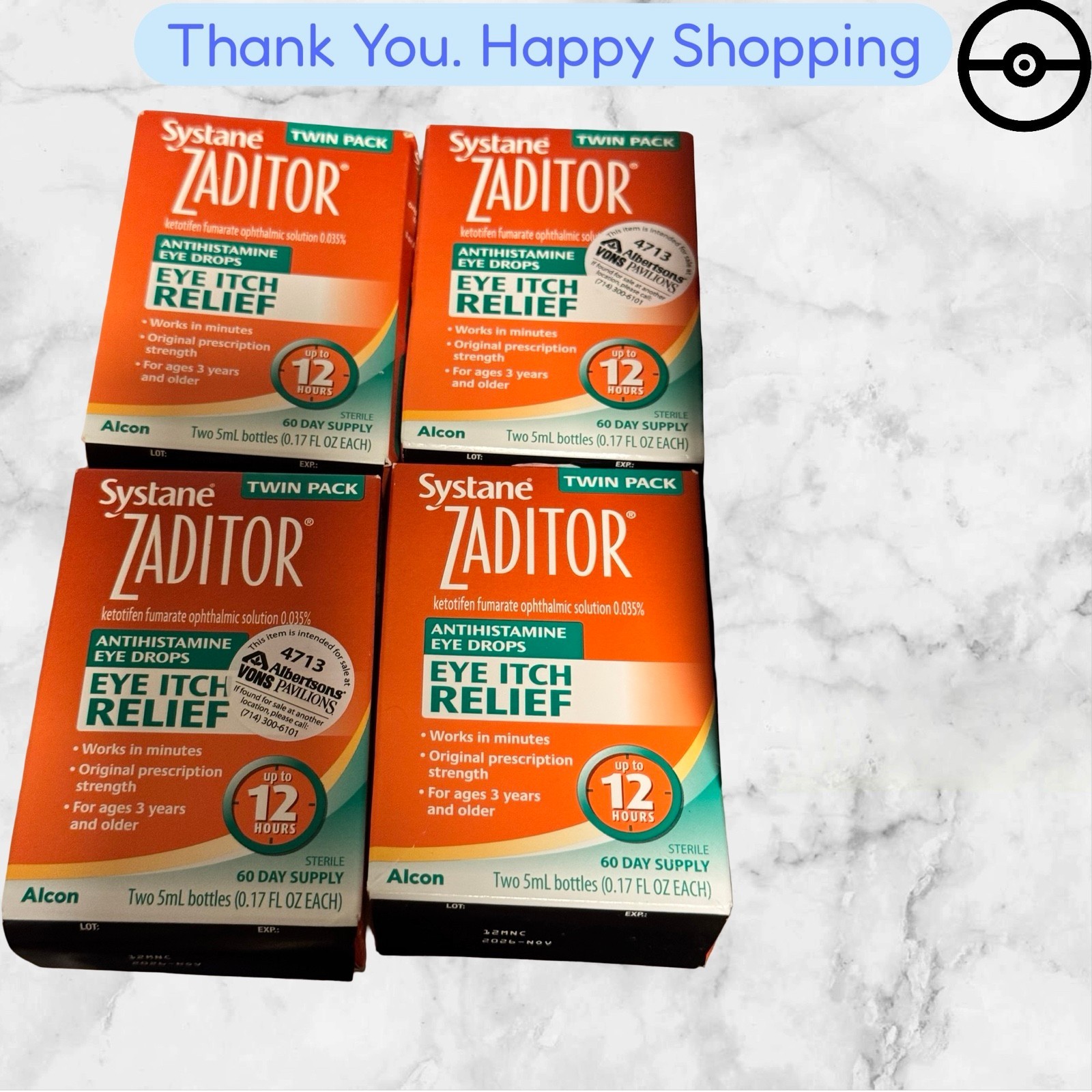 4 Systane Zaditor Antihistamine Eye Drops , 0.17 OZ Each – Exp:11/2026