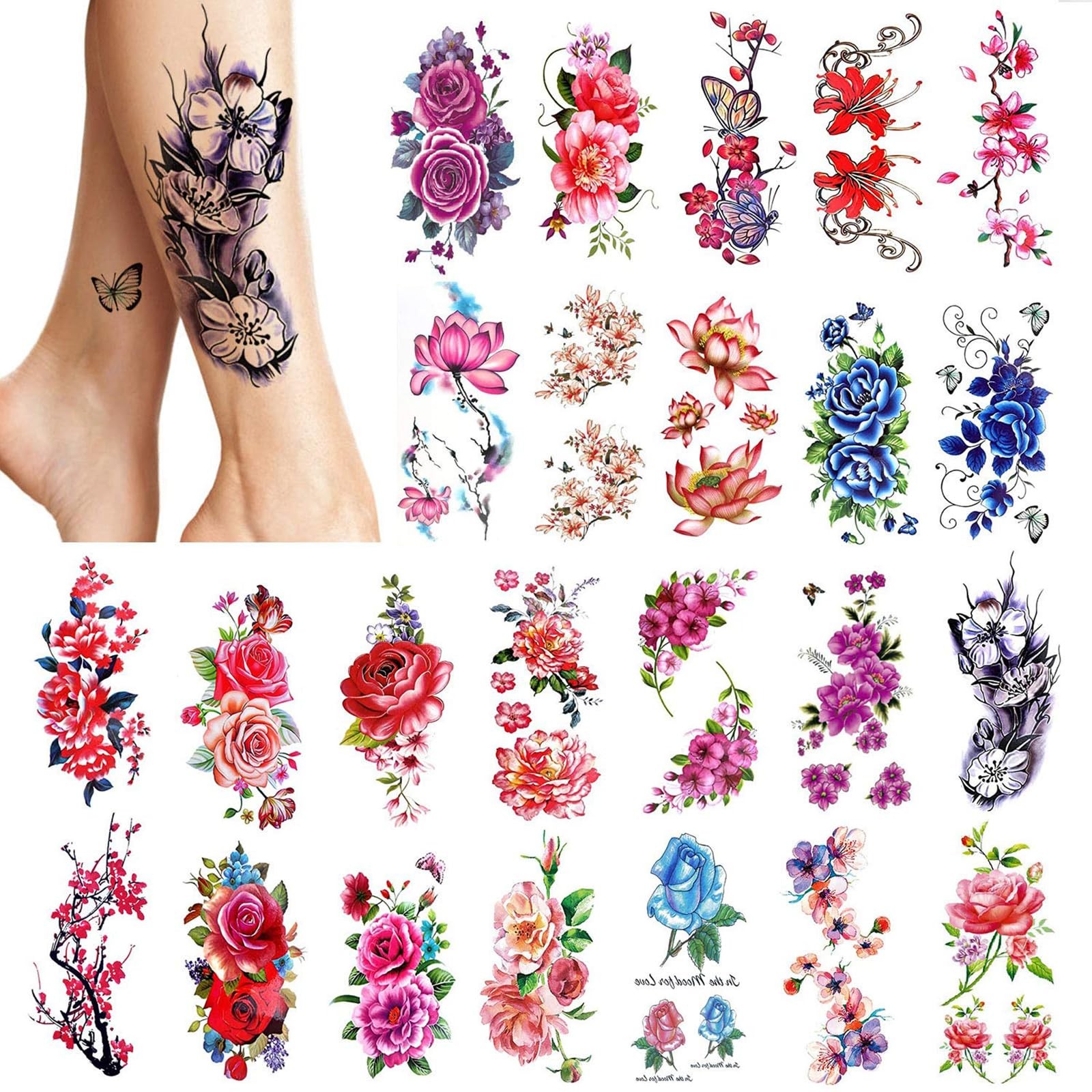 24 pieces Women Temporary Tattoos (Large Flowers), Bright Colored Fake Tattoo St