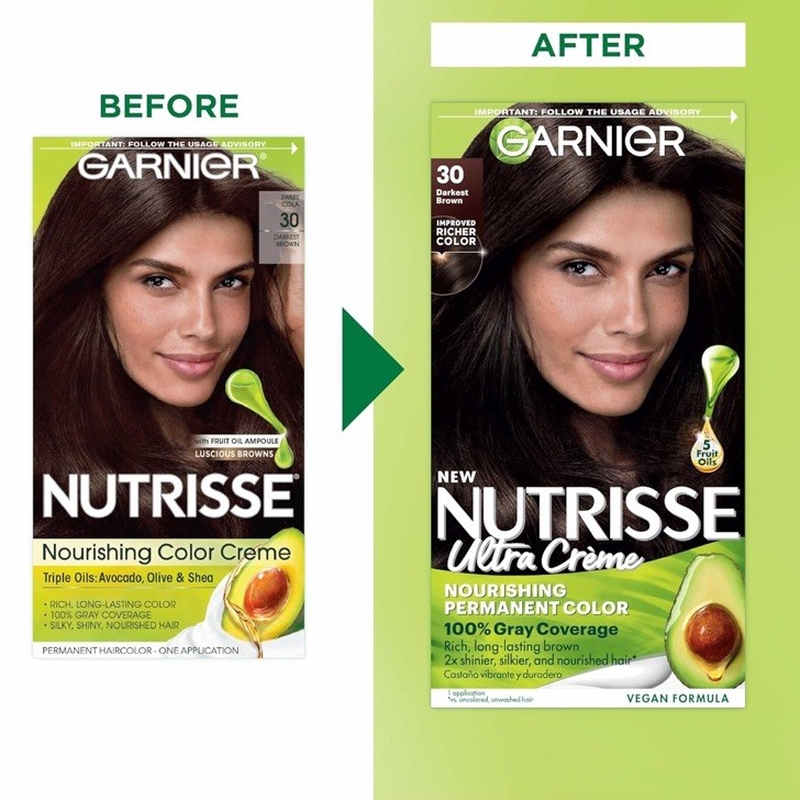 Garnier Nutrisse Nourishing Hair Color Crème. Permanent Dye. 30 Darkest Brown