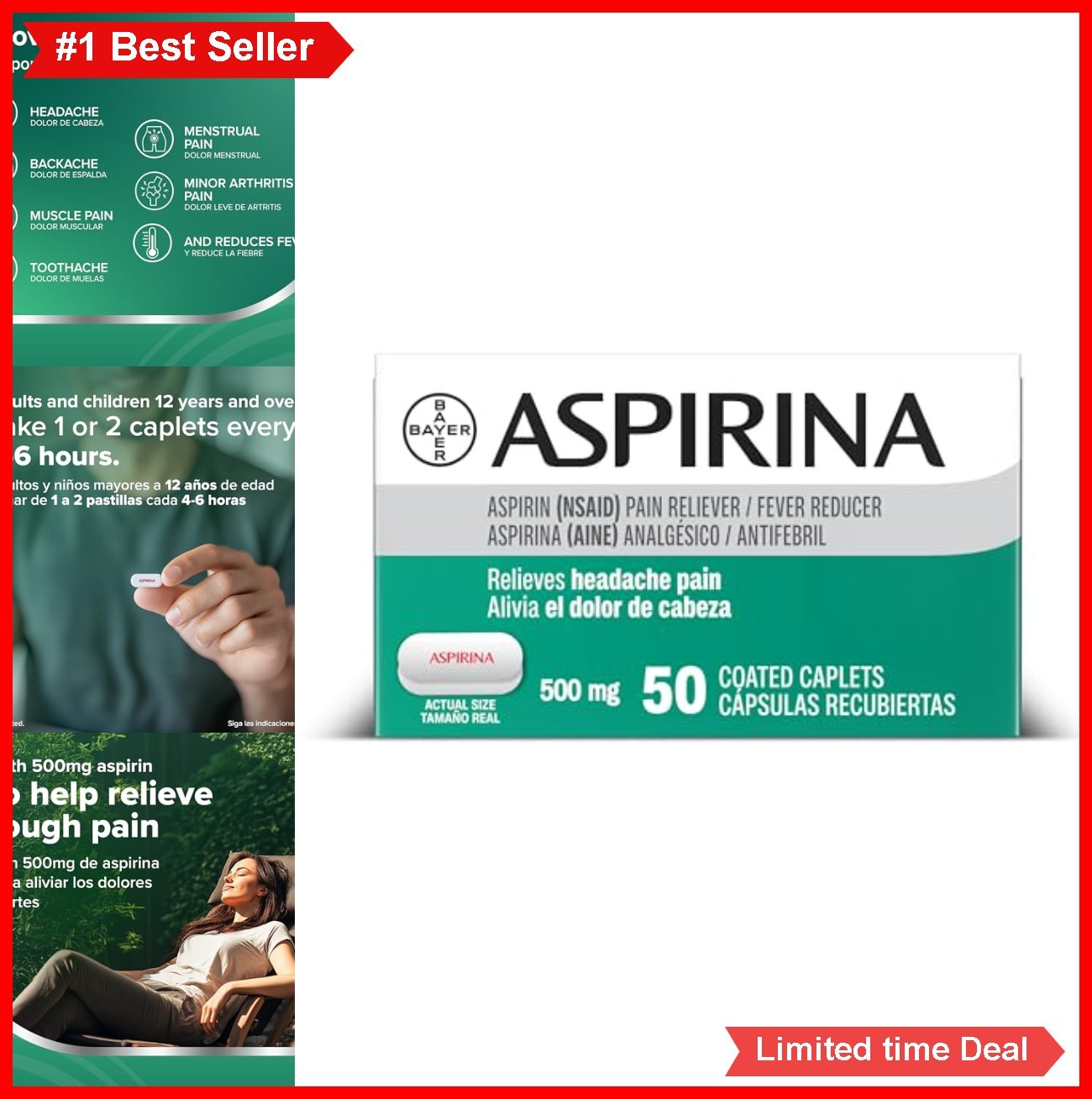 Pain Reliever 500mg Aspirin Caplets Headache Muscle Pain Relief 50 Count