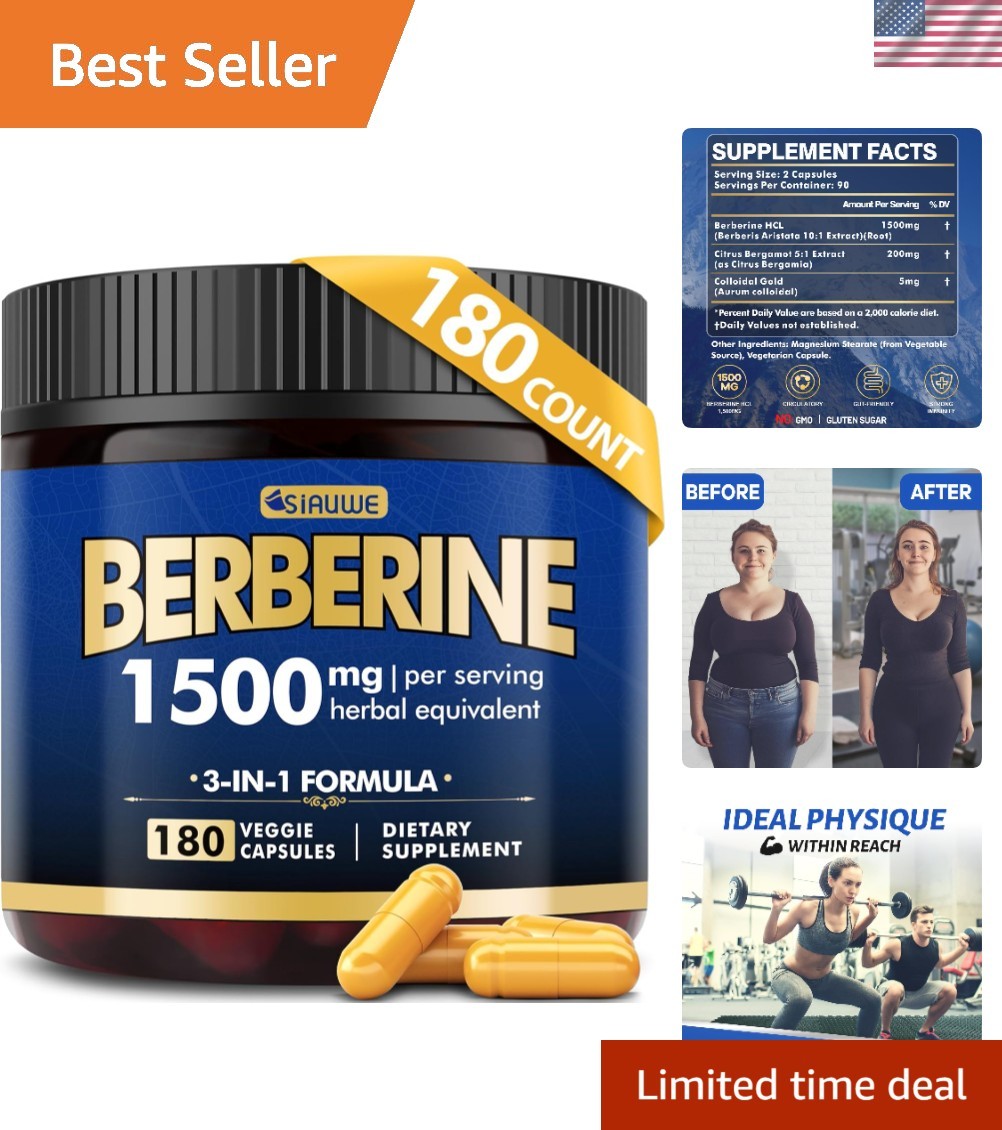 High Strength Berberine Supplement 1500mg with Citrus Bergamot – 180 Caps