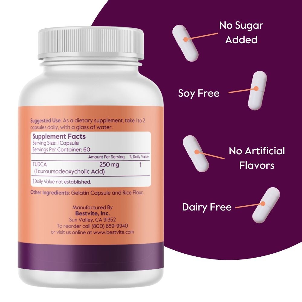 Bestvite TUDCA 250mg (60 Capsules) (Tauroursodeoxycholic Acid) – No Stearates