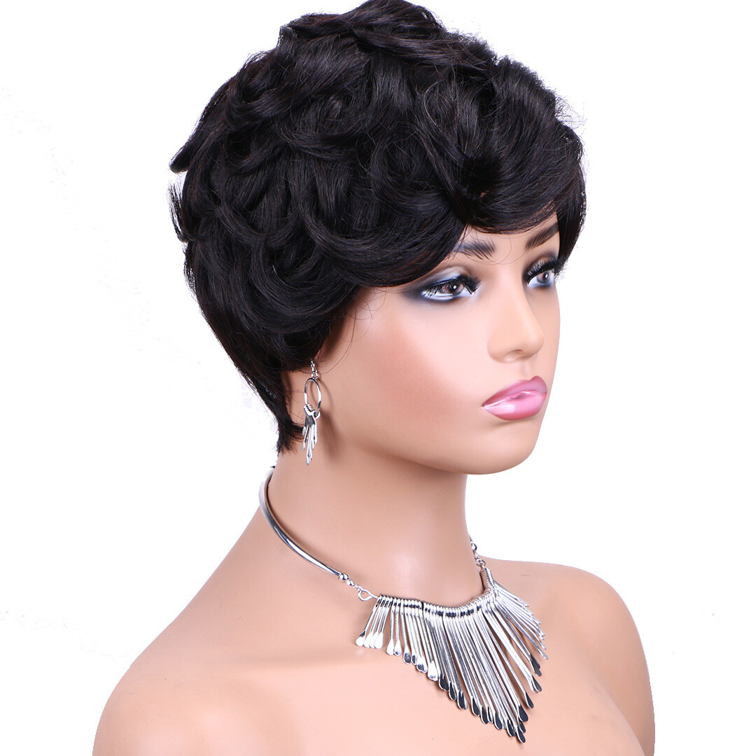 Short Pixie Cut Wig Human hair colored Highlight headgear wigs side part wig