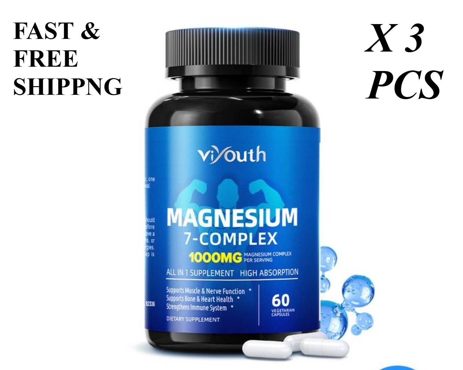 2 BOTTLES—7-in-1 Magnesium Complex 1000mg.Enhanced with Zinc, Non-GMO, 60 Caps