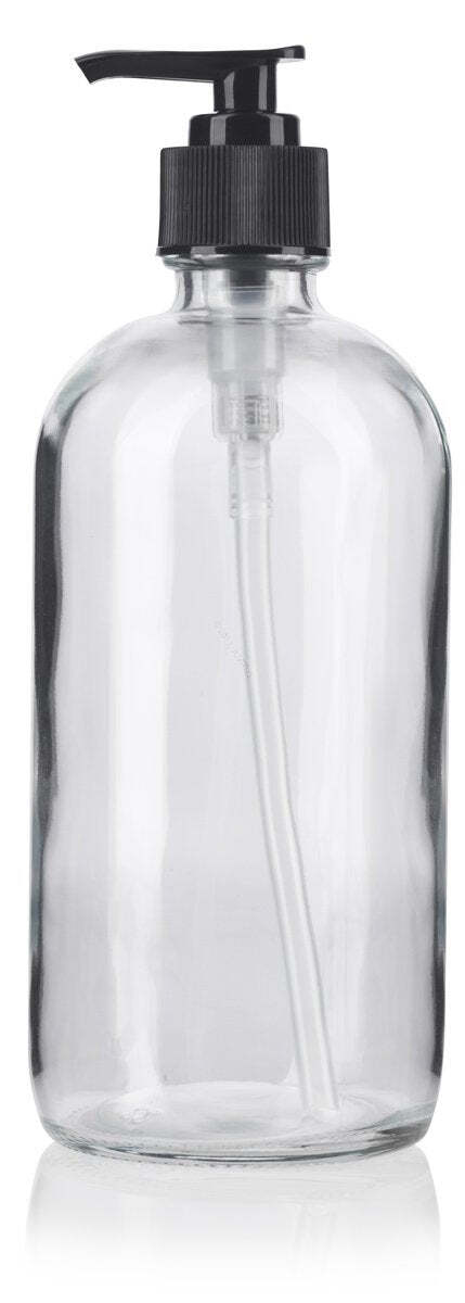 16 oz Clear Boston Round Glass Bottle with Black Lotion Pump