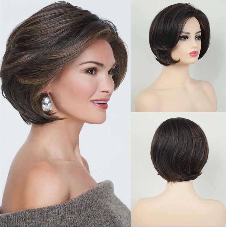 Short Black Mix Auburn Blonde Bob Wigs for Women Daily None Lace Synthetic