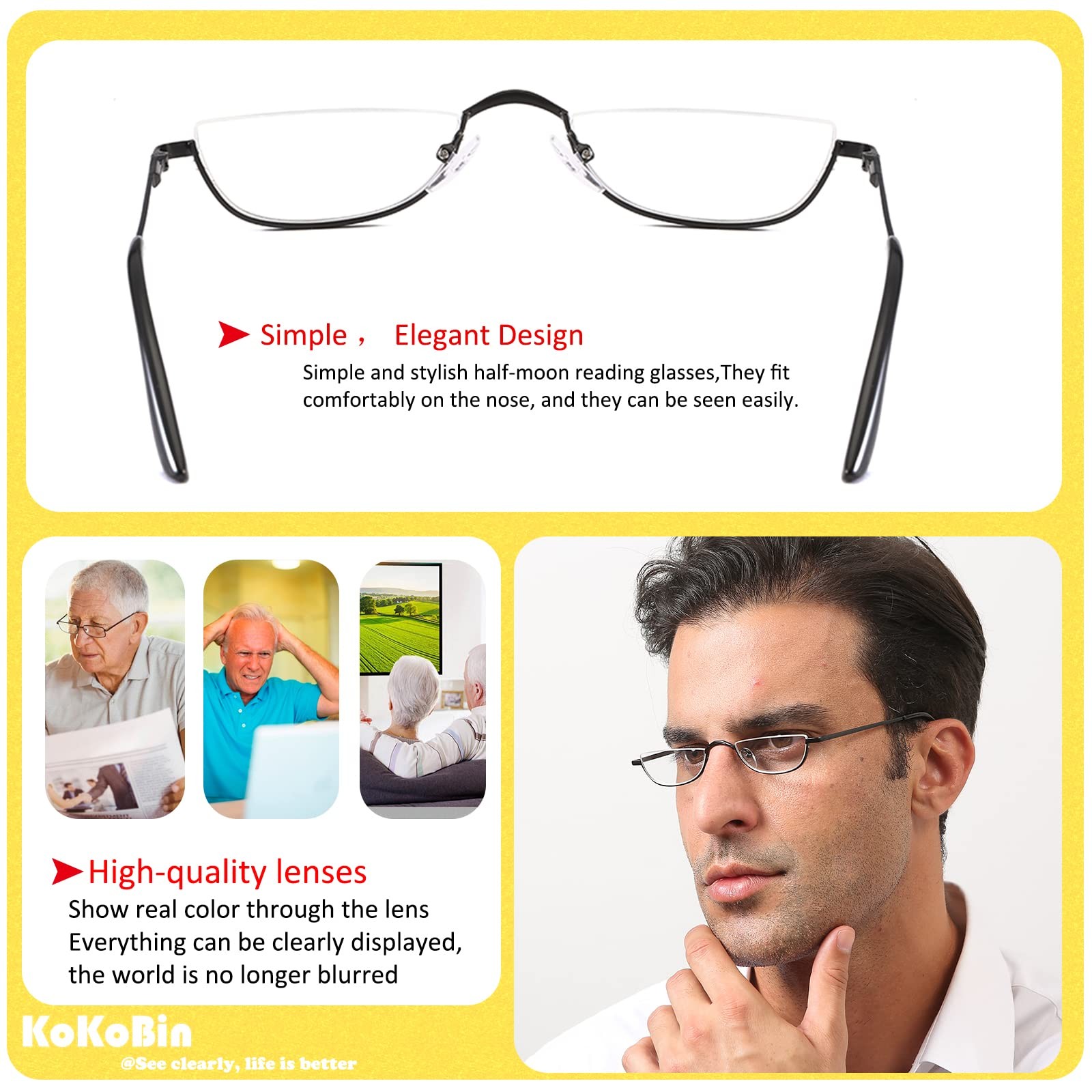 Half Reading Glasses – 2 Pairs Half Rim Metal Frame Glasses Spring Hinge Readers