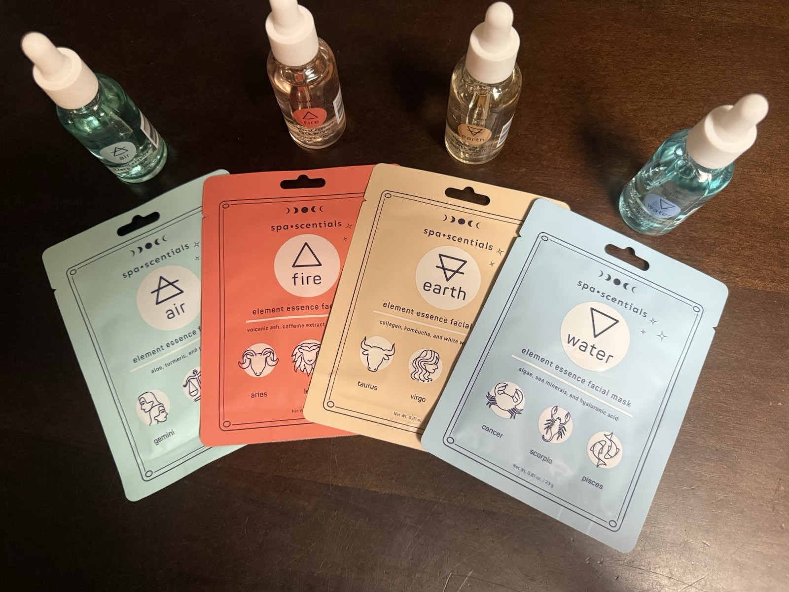 8 PC Spa Scentials Element Essence Face Serums And Masks ~Air Earth Water Fire~